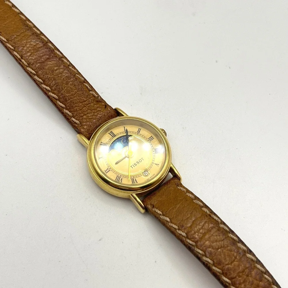 Tissot C220 Moonphase Watch Date Gold Tone Roman Numeral Brown Leather Strap